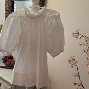 J Crew White Smocked Neck Blouse
